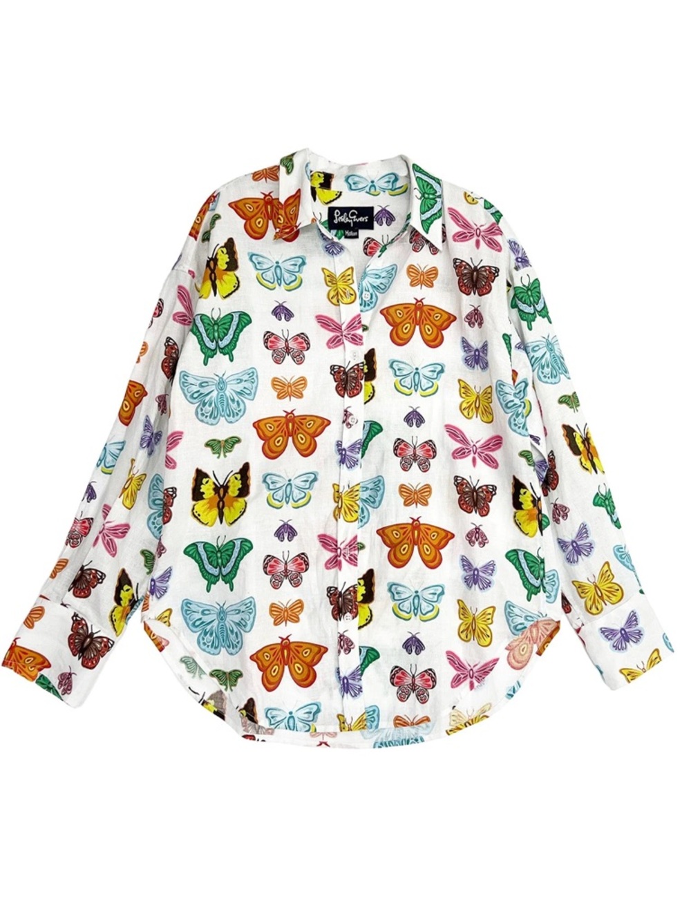 Lesley Evers Butterflies & Moths Button-Up Linen Blend Blouse